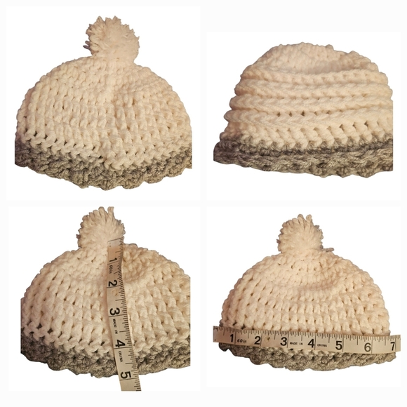 Hand Crafted Baby Sweater Hand Knit Crochet White Gray Botties Pom pom Hat 3-set - Picture 15 of 17